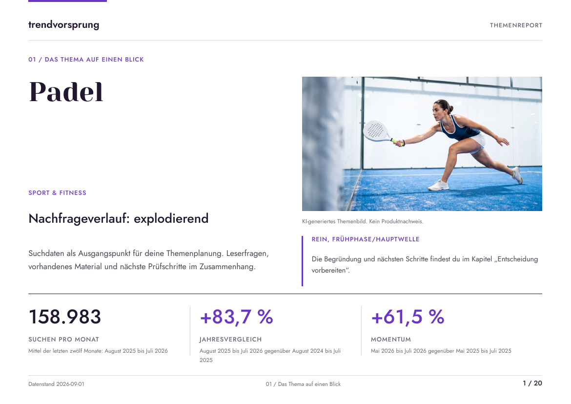Erste Seite des Beispiel-Trend-Reports im Querformat mit Kennzahlen und Titelbild zu Padel