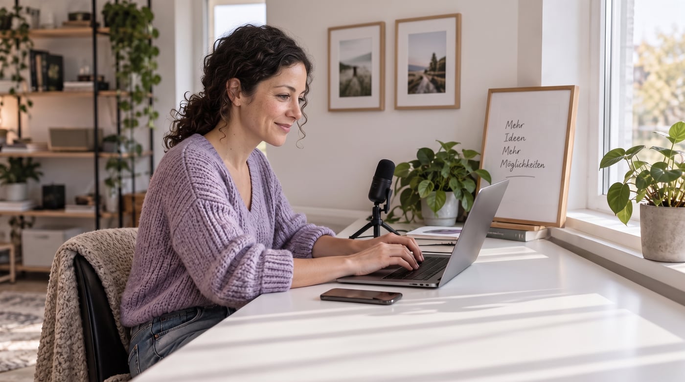 Eine Creatorin arbeitet zwischen Laptop, Mikrofon und Notizkarten.