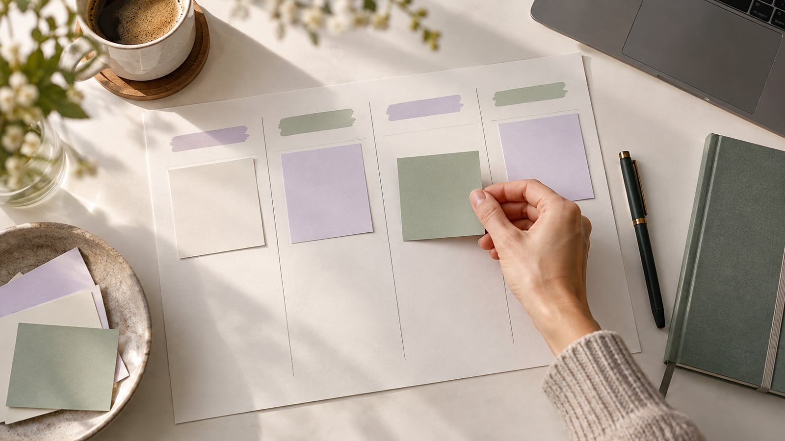 Eine Hand legt eine Karte auf einen Papierplan mit vier Wochenspalten.